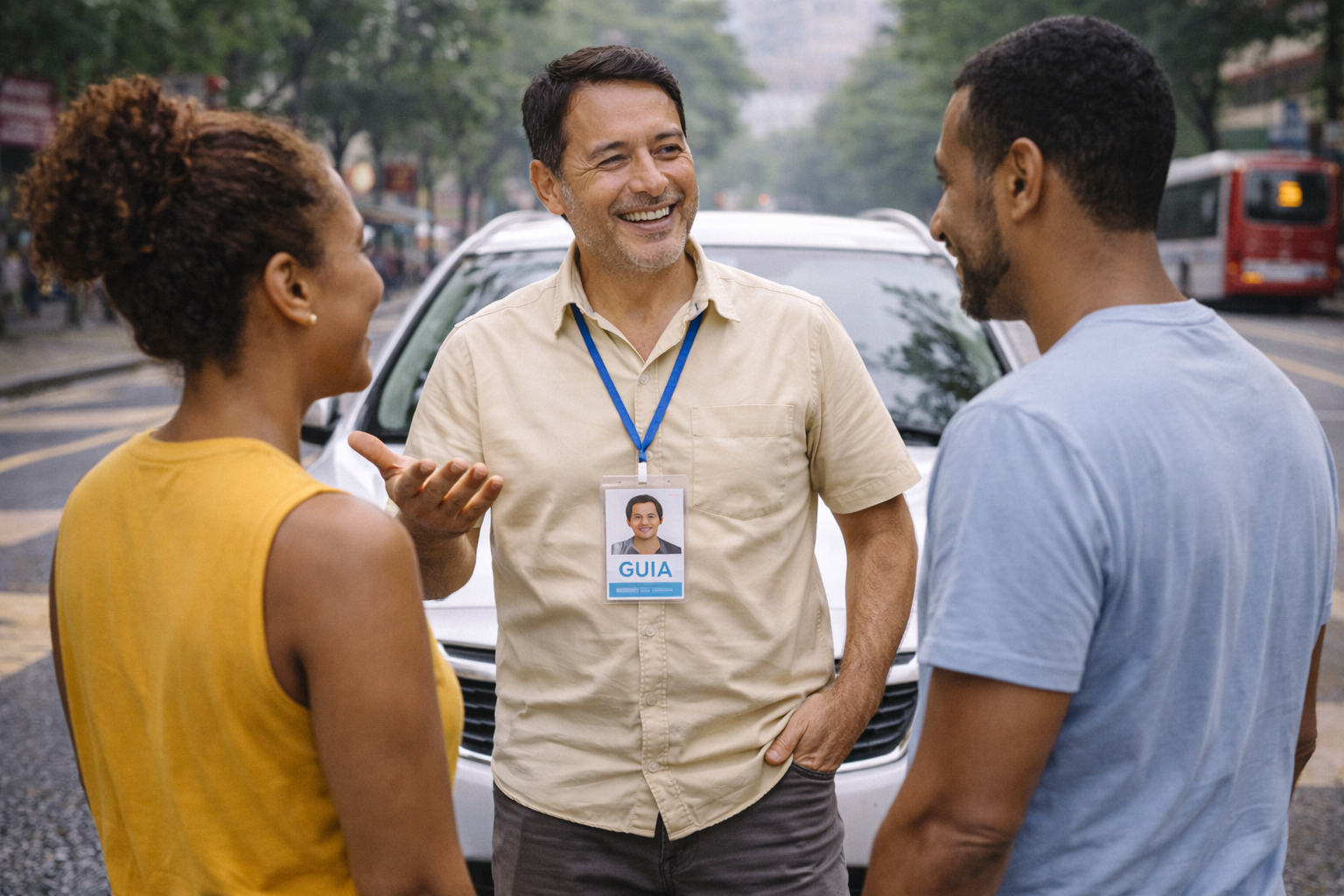 Qual é a Importância Prática da Lei Para o Guia de Turismo? Guia de Turismo Motorista conversa com Turistas