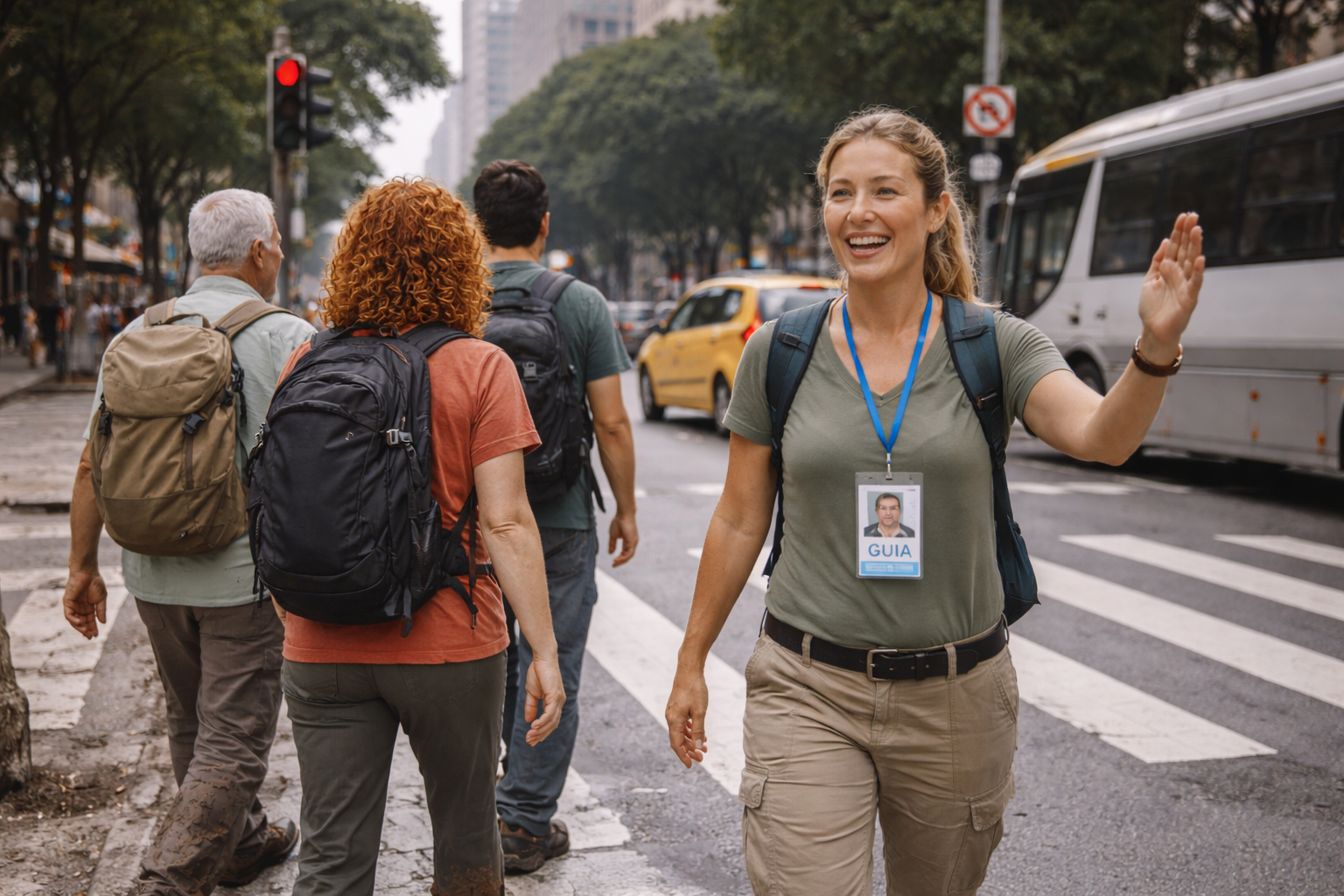Guia de Turismo: Segurança e Confiança Guia de Turismo conduzindo seu grupo pela faixa de pedestres